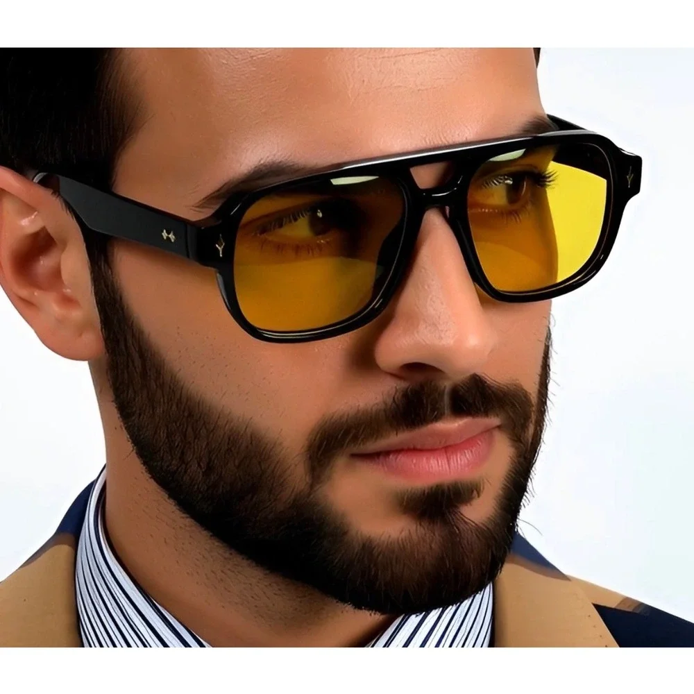 Mens‎ Retro Sunglasses Fashion Designer Black Frame Yellow Lens Square 70s Style